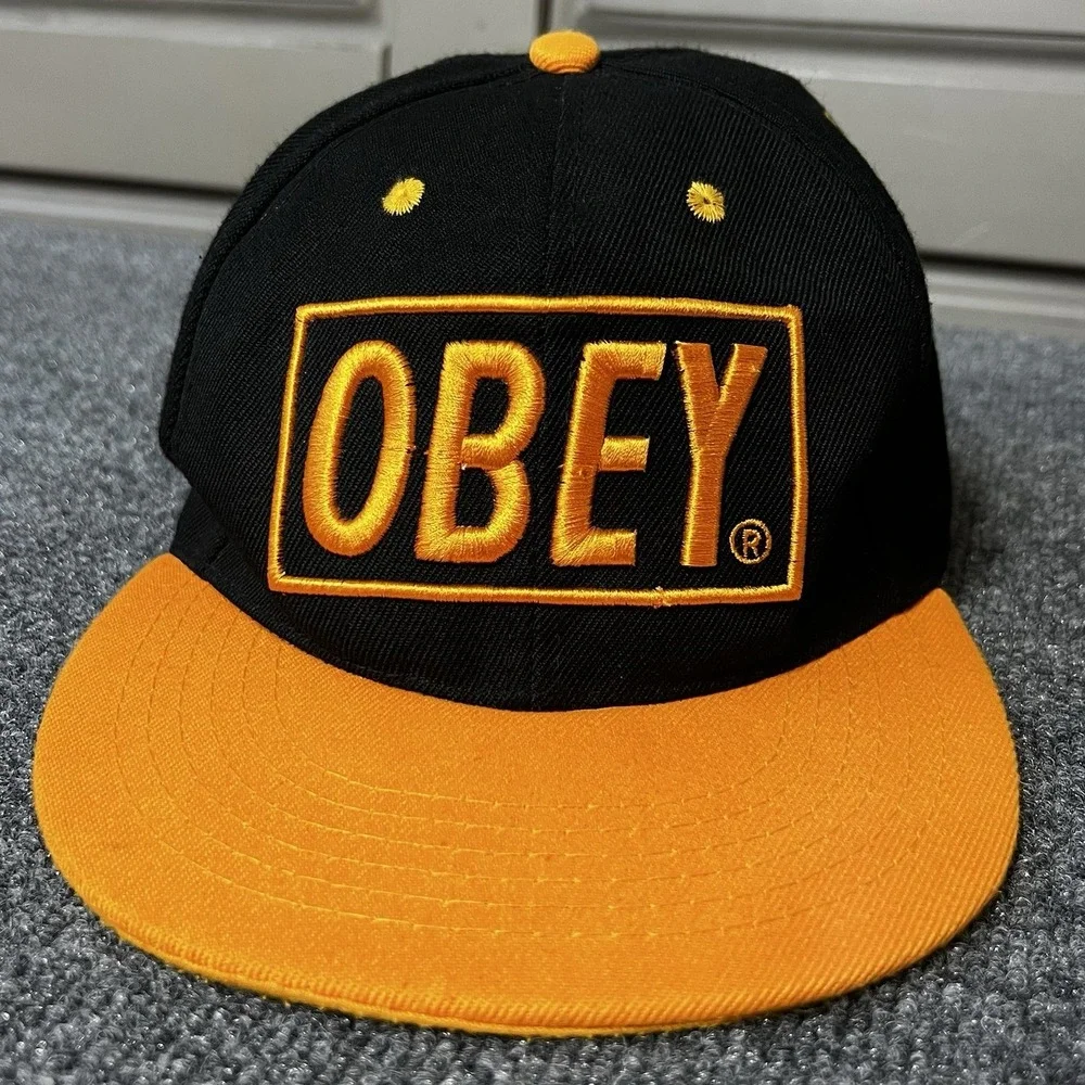 Vintage Obey Skateboarding Snapback Hat Black Yellow Orange One Size